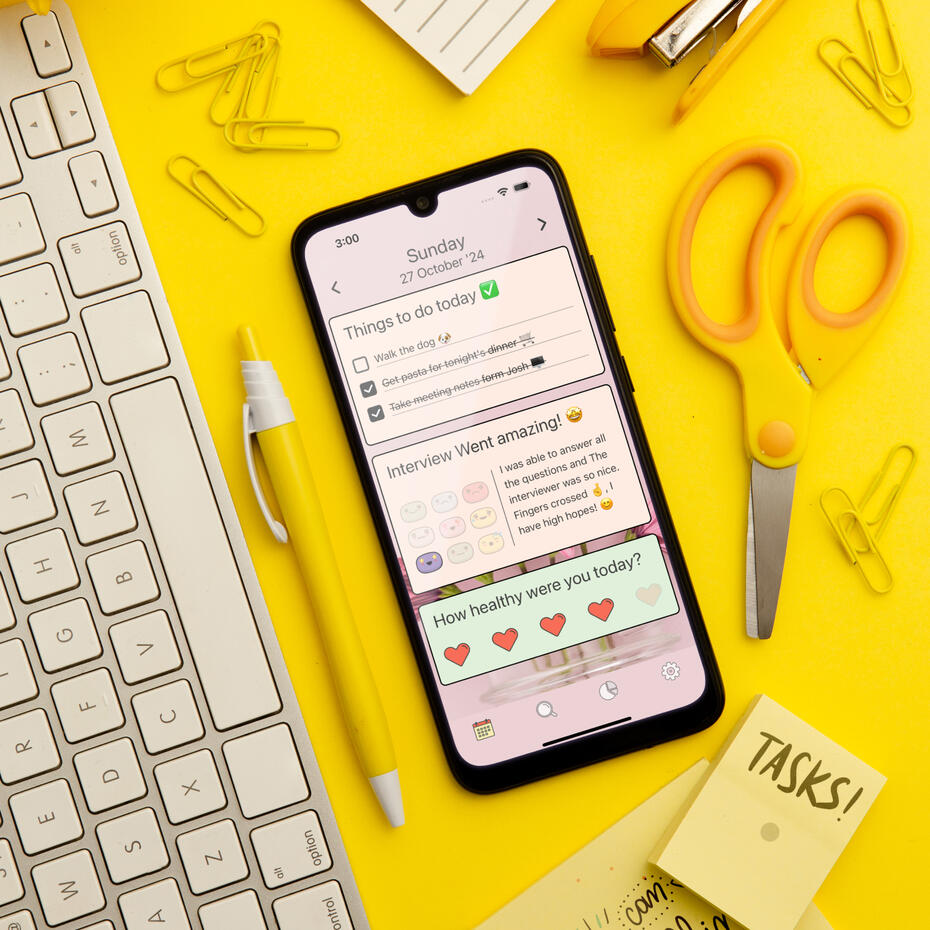 DayDew diary entry customized with a pink theme, mood tracker and health rating